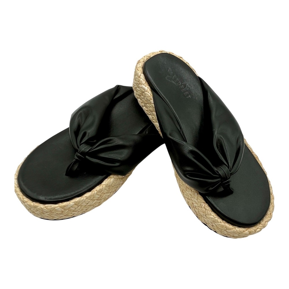 New Naked Feet Costa Black Platform Thong Sandals Knotted Raffia Slides Wms 10
